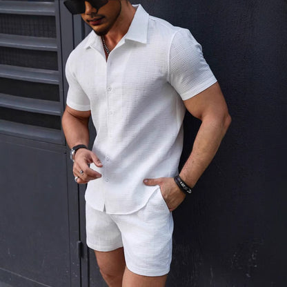 Men’s Summer Beach Two-Piece Set – Short Sleeve Shirt & Shorts