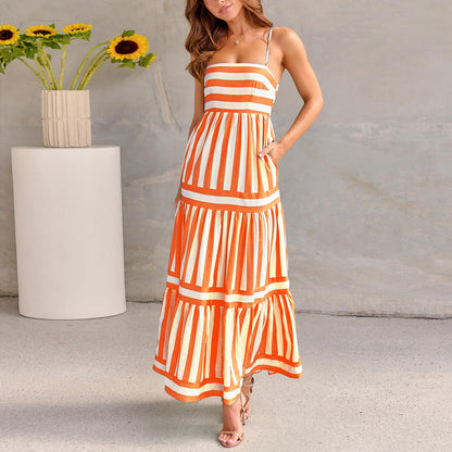 Women’s Striped Sleeveless Maxi Dress with Pockets – Beach Vacation
