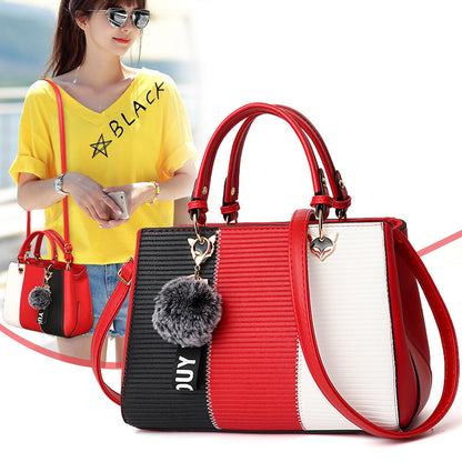 Women Patchwork Handbag with Hairball Ornament – Tote, Party & Crossbody Bag