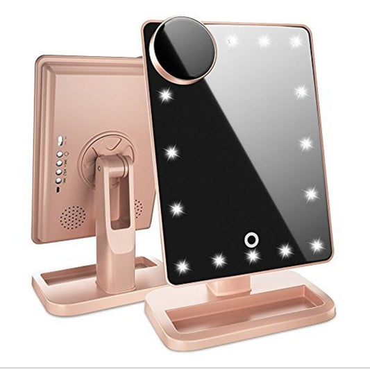 "Touch Screen Makeup Mirror with LED Lights, Bluetooth Speaker & 10X Magnifying Mirror"