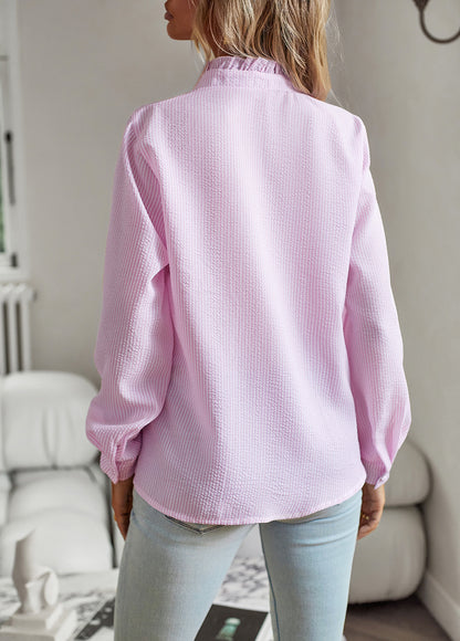 Women’s Striped Long Sleeve Button Up Ruffle Blouse – Casual Office Top