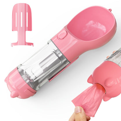3-in-1 Dog & Cat Water Bottle – Portable Feeder, Bowl & Garbage Bag Dispenser for Travel