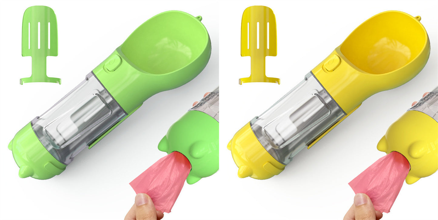 3-in-1 Dog & Cat Water Bottle – Portable Feeder, Bowl & Garbage Bag Dispenser for Travel
