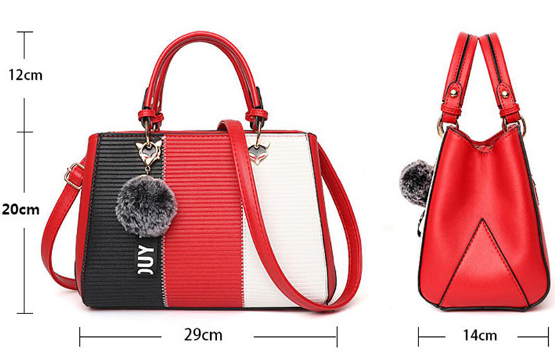 Women Patchwork Handbag with Hairball Ornament – Tote, Party & Crossbody Bag