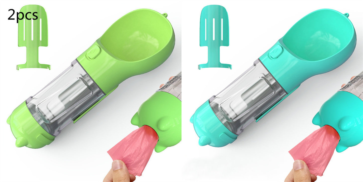 3-in-1 Dog & Cat Water Bottle – Portable Feeder, Bowl & Garbage Bag Dispenser for Travel