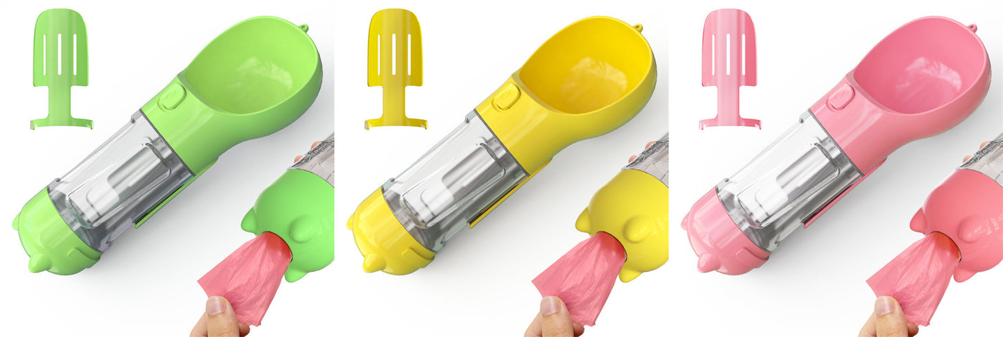 3-in-1 Dog & Cat Water Bottle – Portable Feeder, Bowl & Garbage Bag Dispenser for Travel
