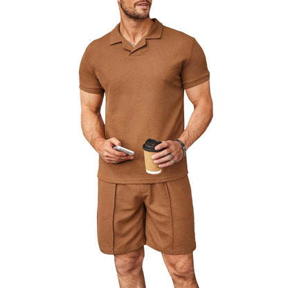 Men’s 2pcs Set V-Neck Polo & Shorts – Summer Casual
