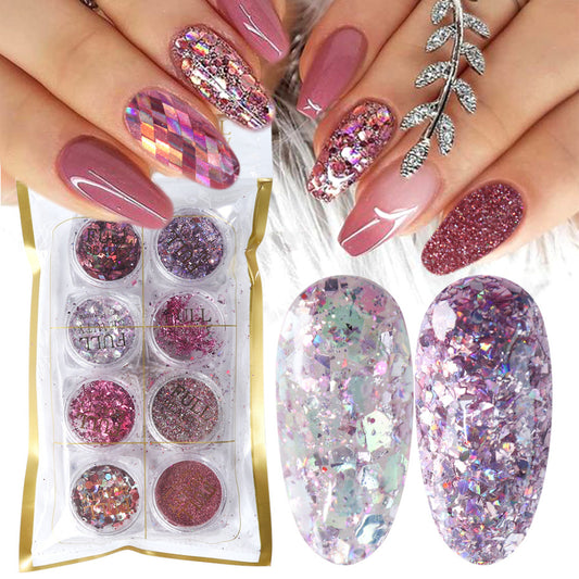 8 Box Mix Glitter Nail Art Powder Flakes Set – Sparkling Decoration for Manicure & DIY Nails