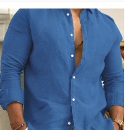 Men’s Linen Button-Up Shirt Summer Beach Solid Color