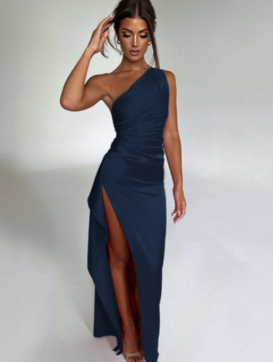 Women's Satin One-Shoulder Backless Slit Dress