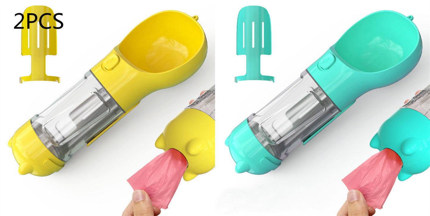 3-in-1 Dog & Cat Water Bottle – Portable Feeder, Bowl & Garbage Bag Dispenser for Travel