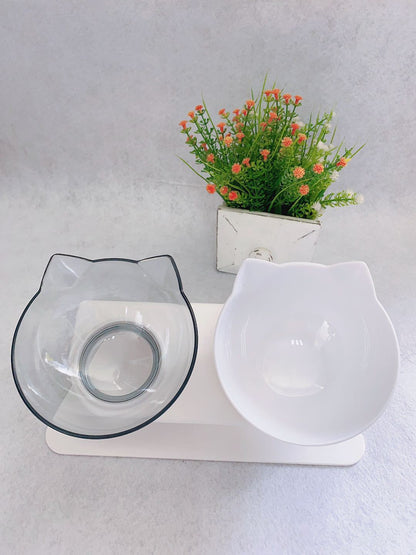 Non-Slip Double Cat & Dog Bowl with Raised Stand – Transparent Pet Feeder for Healthy Eating & Cervical Protection