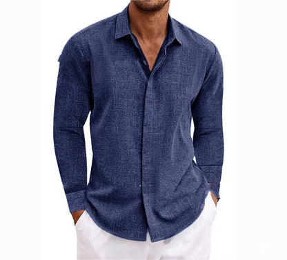 Men’s Long Sleeve Cotton Linen Undershirt Solid Color Shirt