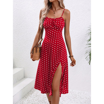 Women's Polka Dot Print Suspender Split Long Dress
