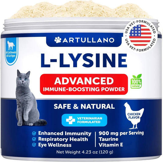 L-Lysine Powder for Cats – 900mg Immune Support Supplement for Respiratory & Eye Health with Taurine