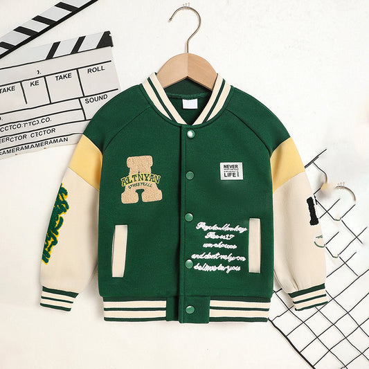 Kids Embroidered Letter Baseball Jacket – Unisex Casual Coat