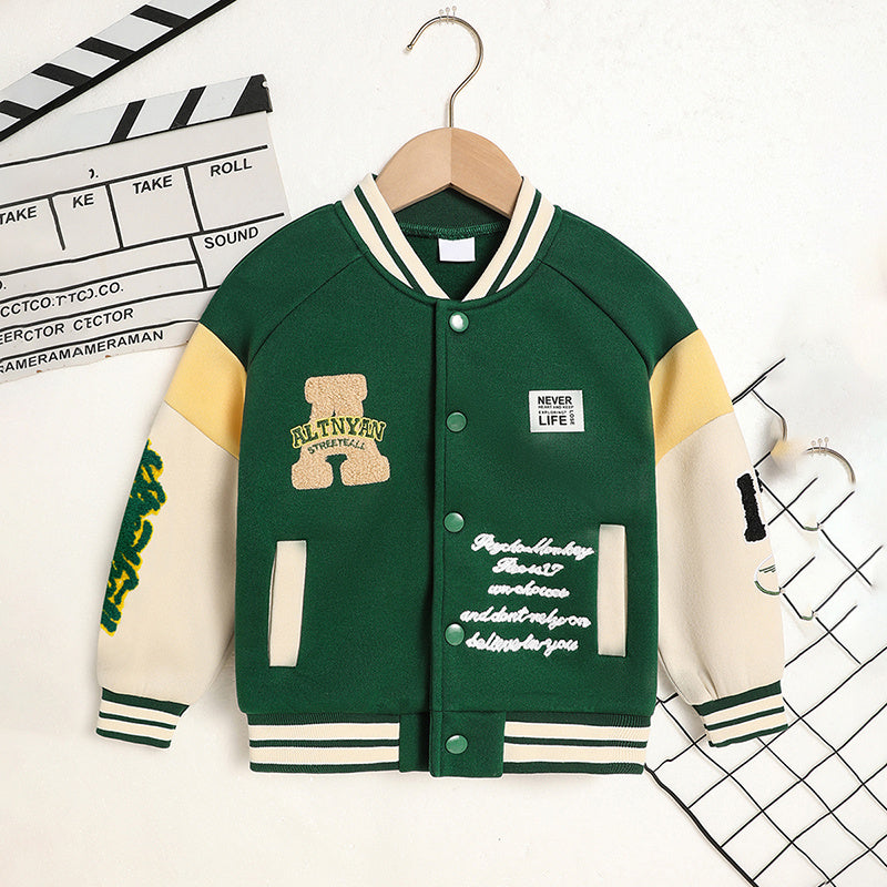 Kids Embroidered Letter Baseball Jacket – Unisex Casual Coat