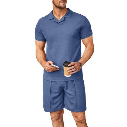 Men’s 2pcs Set V-Neck Polo & Shorts – Summer Casual