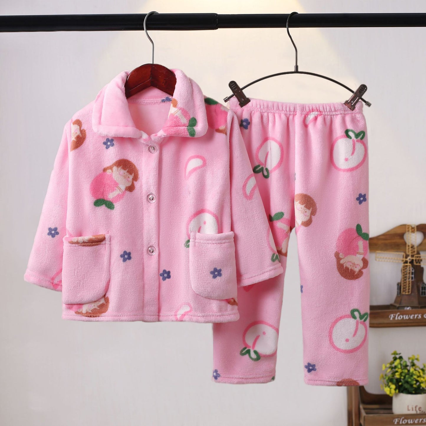 Boys’ & Girls’ Flannel Homewear – Kawaii Cartoon Animal Pajamas
