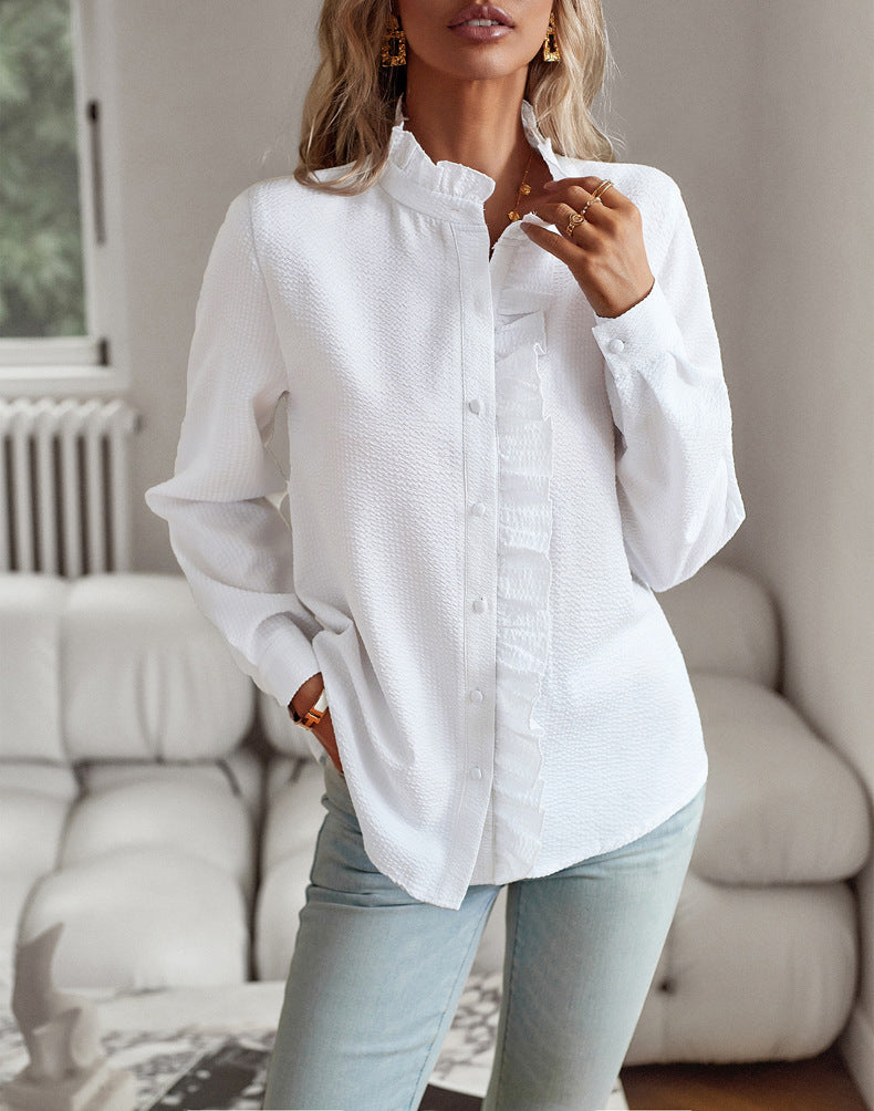 Women’s Striped Long Sleeve Button Up Ruffle Blouse – Casual Office Top