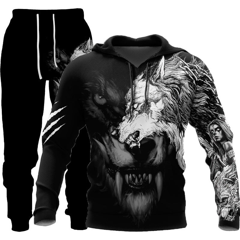 Men’s 3D Wolf Print Tracksuit – Hooded Jogging Set