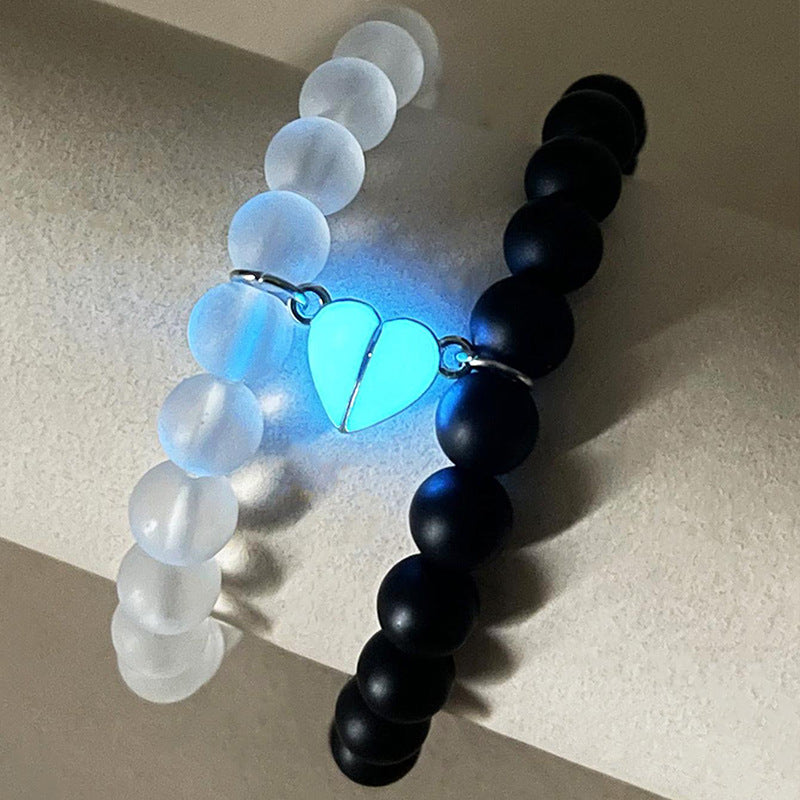 Glow-in-the-Dark Couple Bracelet – Handmade Crown & Heart Charms