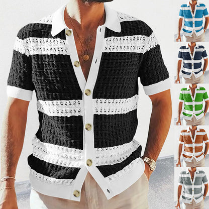 Men’s Summer Luxury Knitted Polo – Short Sleeve, Colored Hollow Breathable Cardigan Top