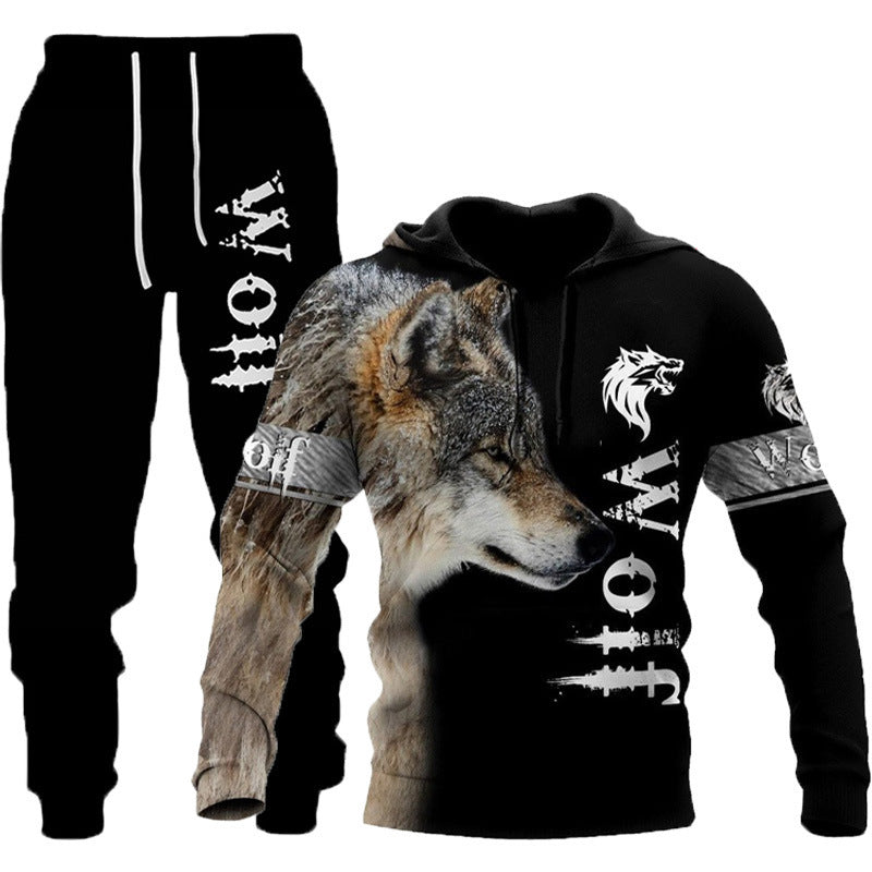 Men’s 3D Wolf Print Tracksuit – Hooded Jogging Set