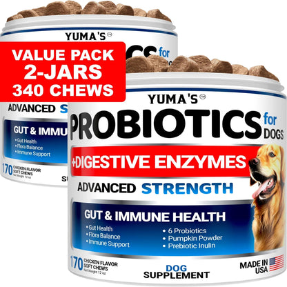 2 Pack Probiotics for Dogs – Digestive Enzymes, Prebiotics & Fiber Chews for Diarrhea, Gas & Constipation Relief, 340 Chews