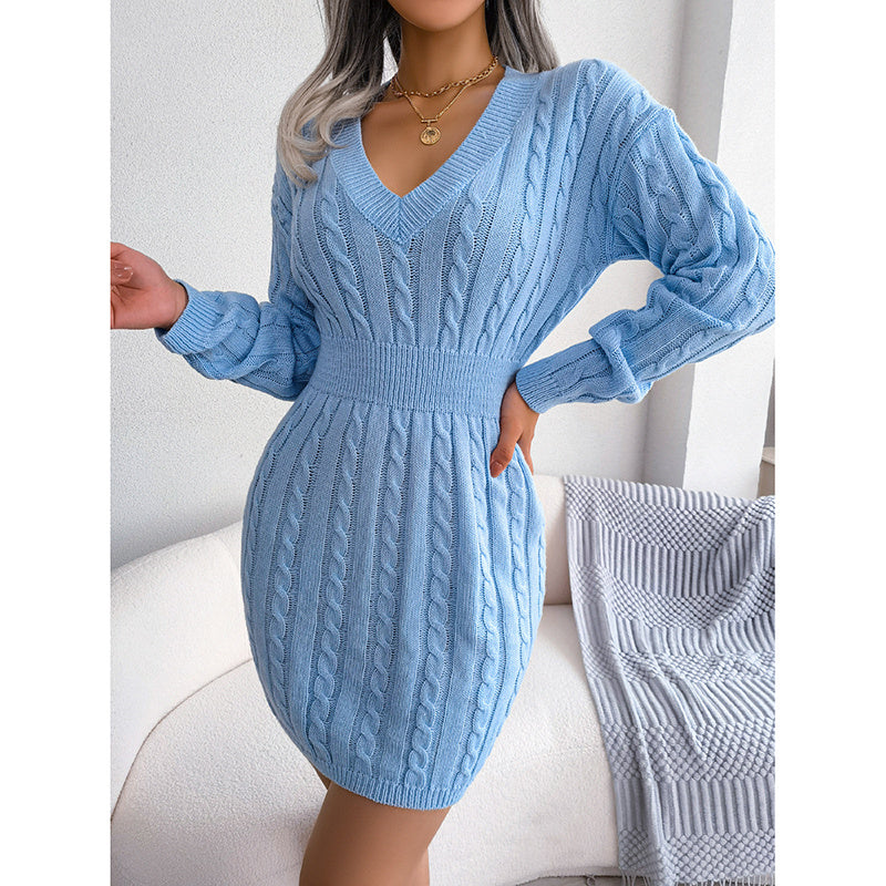 Women’s 2025 Fall Winter V-Neck Knit Sweater Dress