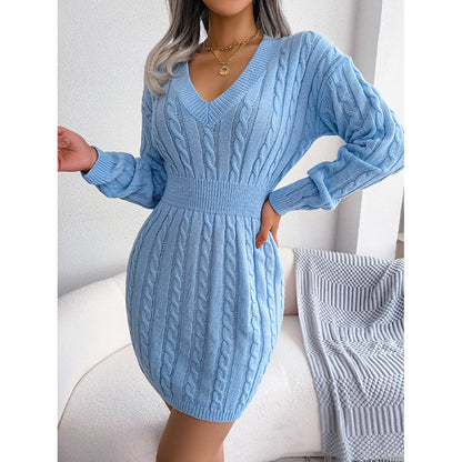 Women’s 2025 Fall Winter V-Neck Knit Sweater Dress
