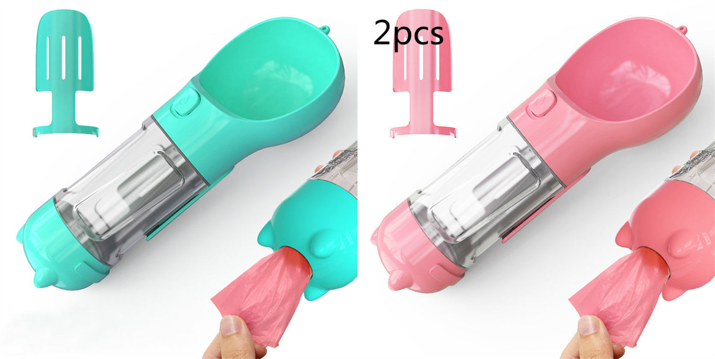 3-in-1 Dog & Cat Water Bottle – Portable Feeder, Bowl & Garbage Bag Dispenser for Travel