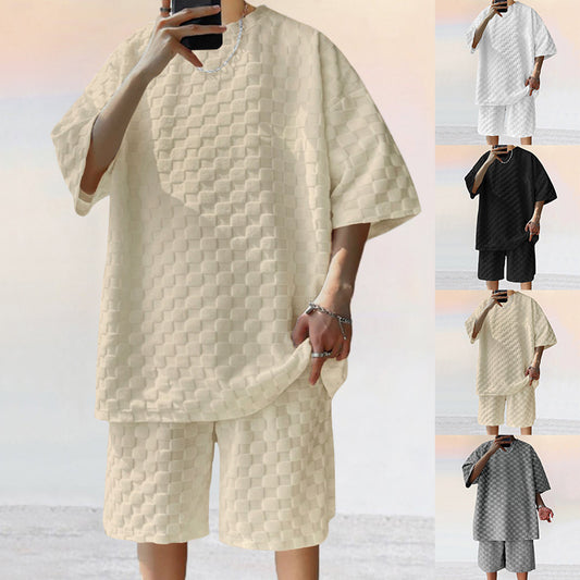 Men’s Jacquard Plaid Casual Shorts Suit – Loose Straight Fit