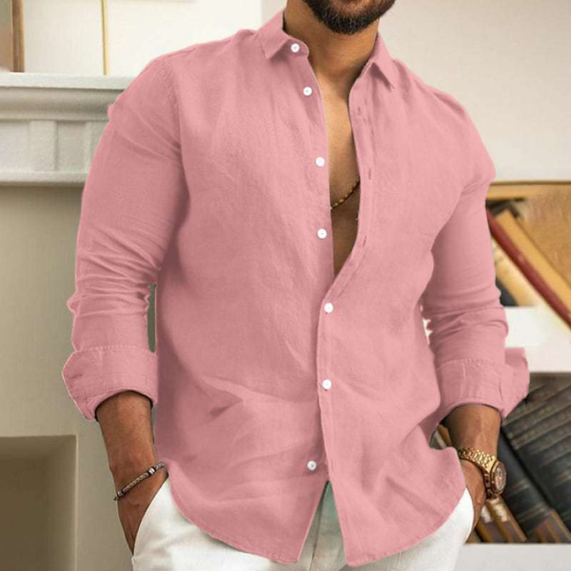 Men’s Linen Button-Up Shirt Summer Beach Solid Color