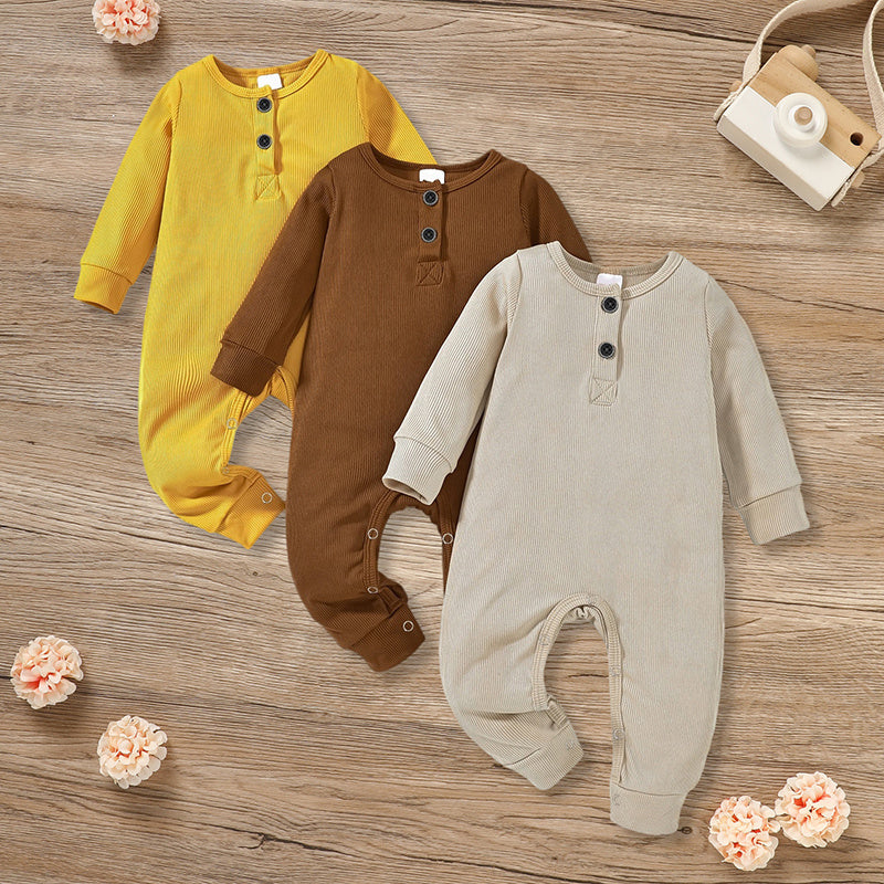 3-Pack Newborn Baby Long Sleeve Ribbed Rompers