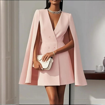 Women’s Elegant V-Neck Double-Breasted Cape Blazer Dress