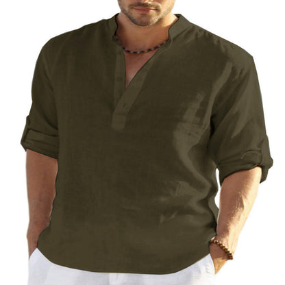 Men’s Cotton Linen Shirt – Casual Long Sleeve with Stand Collar