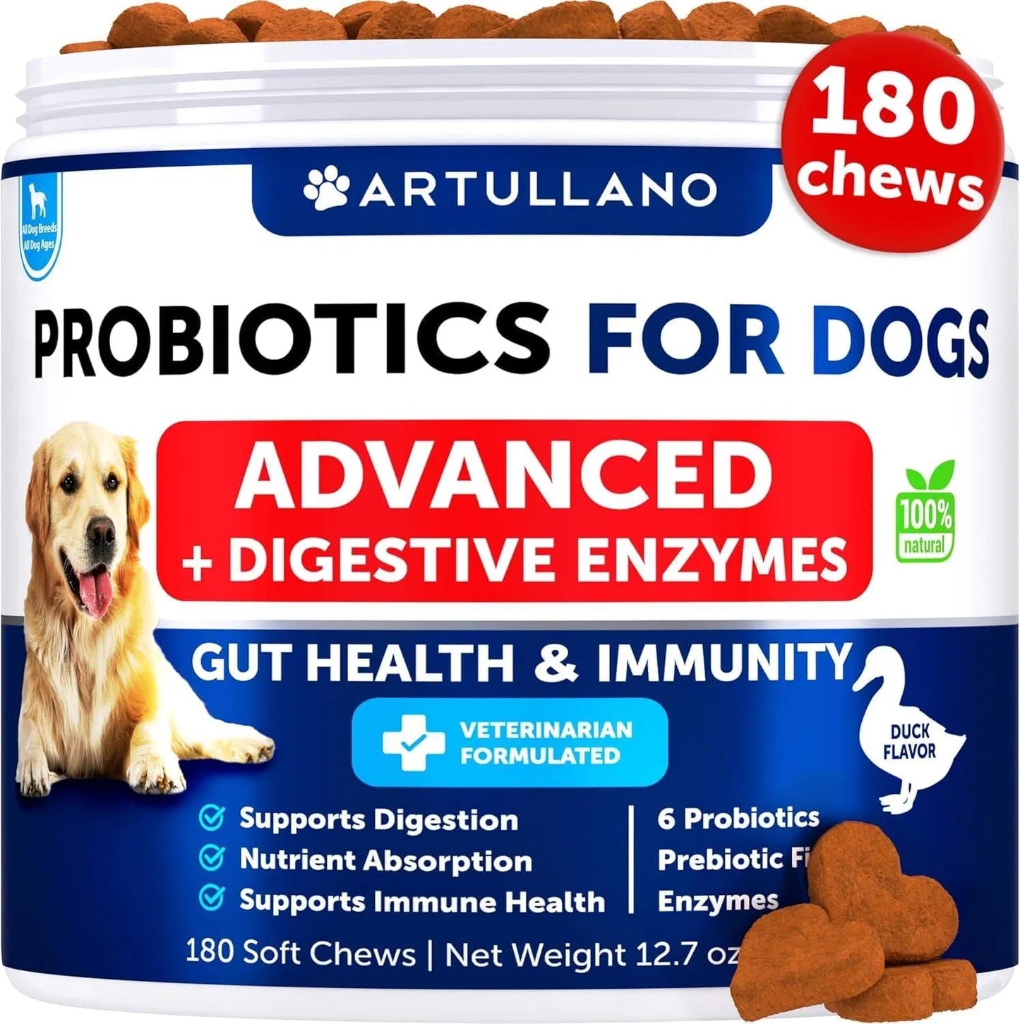 Probiotics for Dogs – Gut Health, Allergy & Immunity Support with Digestive Enzymes & Prebiotics, 180 Chews