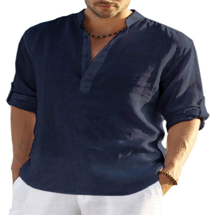 Men’s Cotton Linen Shirt – Casual Long Sleeve with Stand Collar