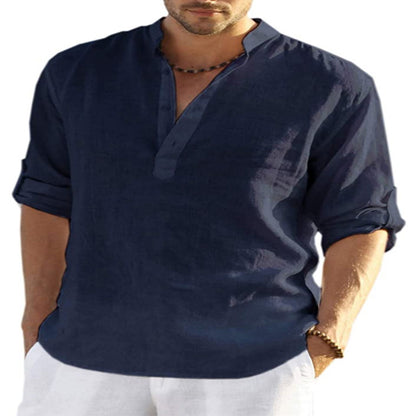 Men’s Cotton Linen Shirt – Casual Long Sleeve with Stand Collar
