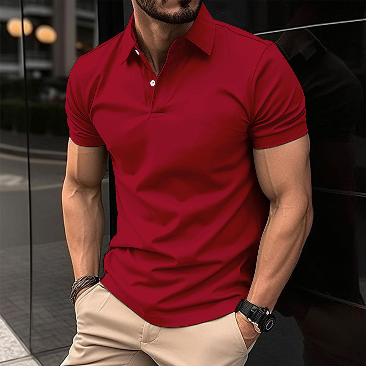 Men’s Summer Short Sleeve Polo Shirt – Solid Color Button-Down Lapel Top