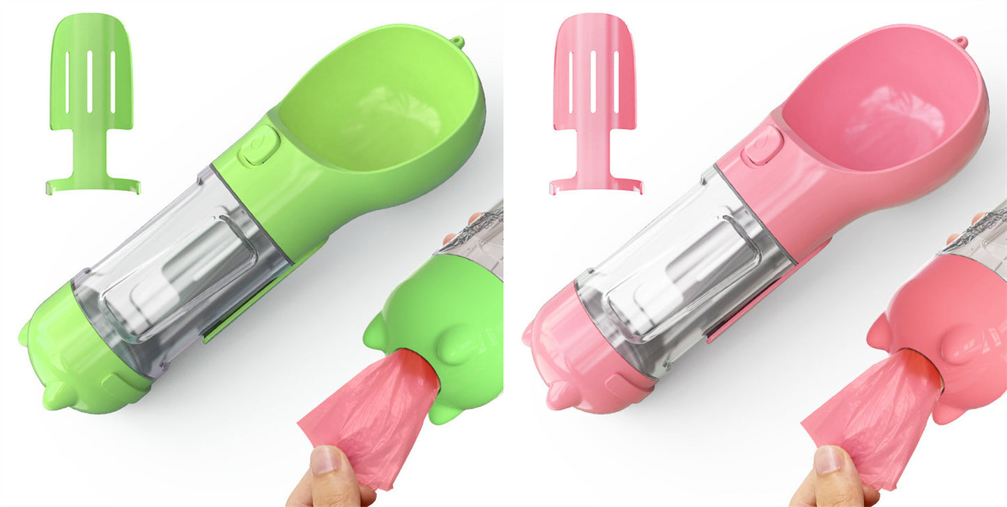 3-in-1 Dog & Cat Water Bottle – Portable Feeder, Bowl & Garbage Bag Dispenser for Travel