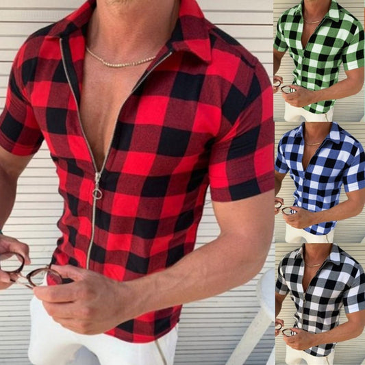 Men’s Plaid T-Shirt – Zipper Short Sleeve Summer Shirt