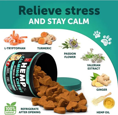 Hemp Calming Chews for Dogs – Anxiety Relief Treats with Hemp Oil, Turmeric, Valerian & Ginger (120 Chews)