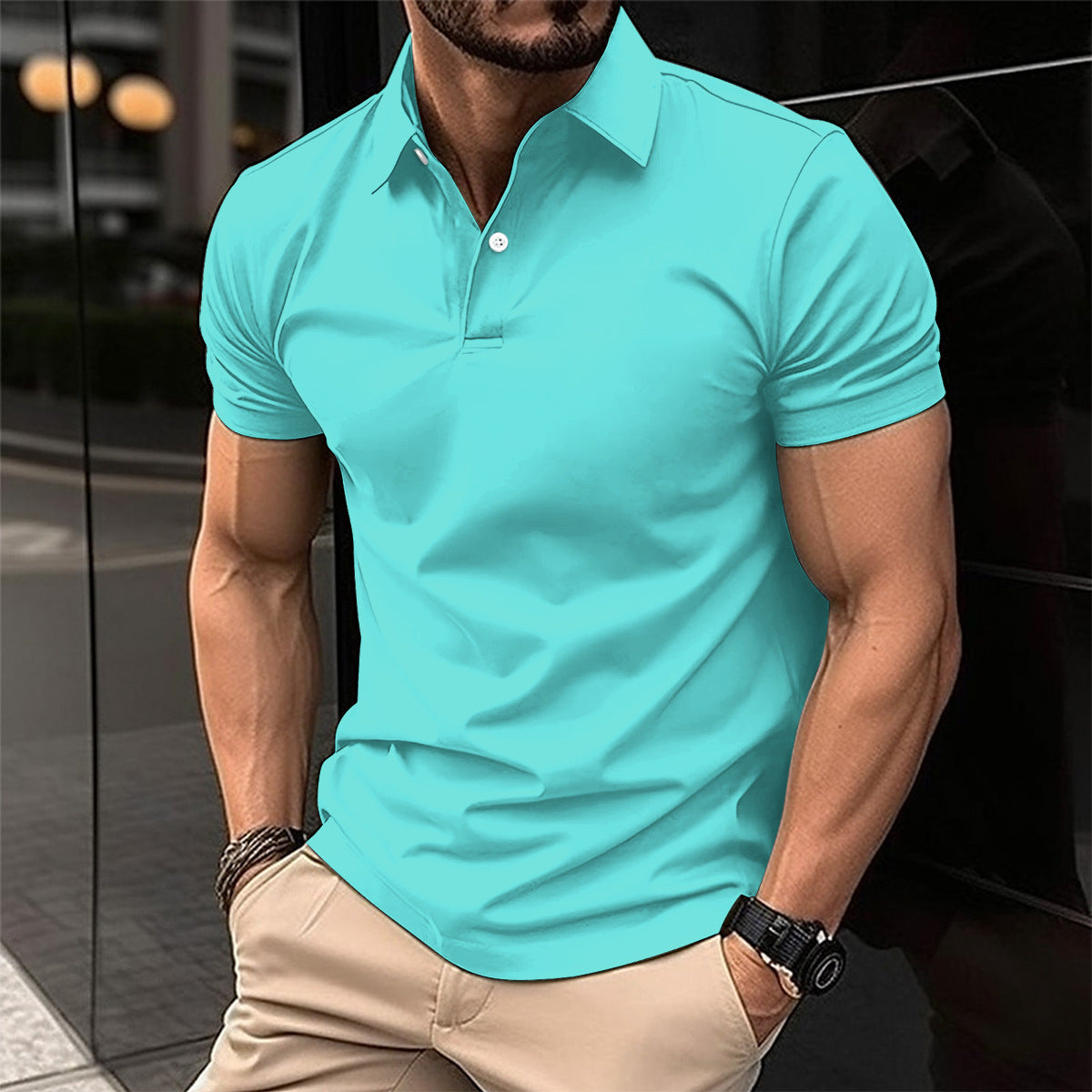 Men’s Summer Short Sleeve Polo Shirt – Solid Color Button-Down Lapel Top