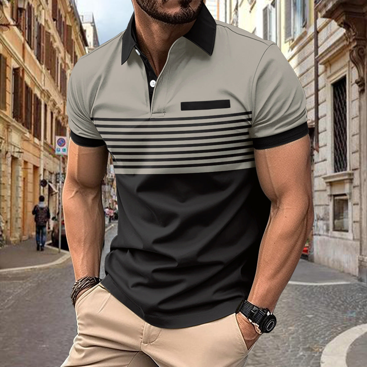 Men’s Casual Striped Shirt – Short Sleeve with Chest Pocket