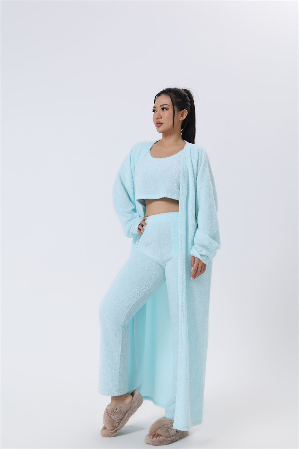 Women's 3-Piece Cozy Pajama Set – Warm Winter Loungewear with Top, Pants & Cardigan