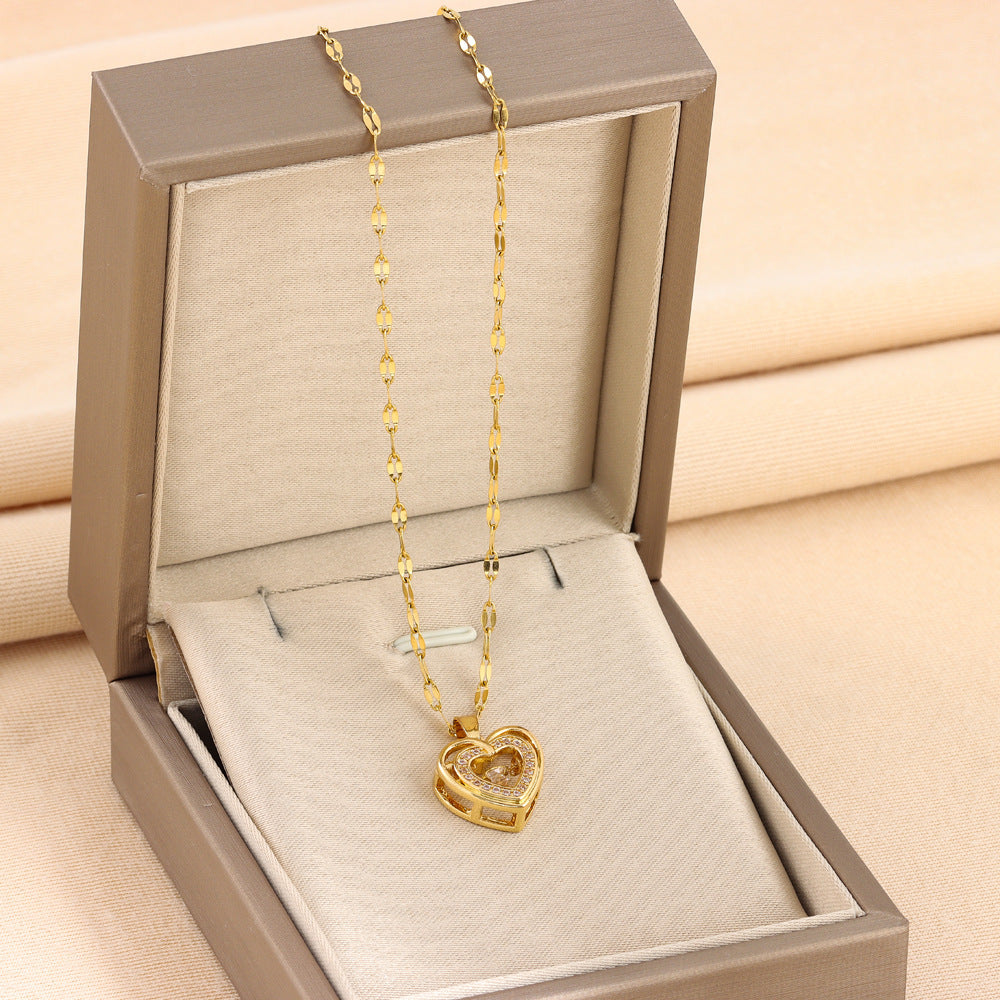 Double Layer Heart Pendant Necklace for Women – Rhinestone Titanium Steel Jewelry Gift