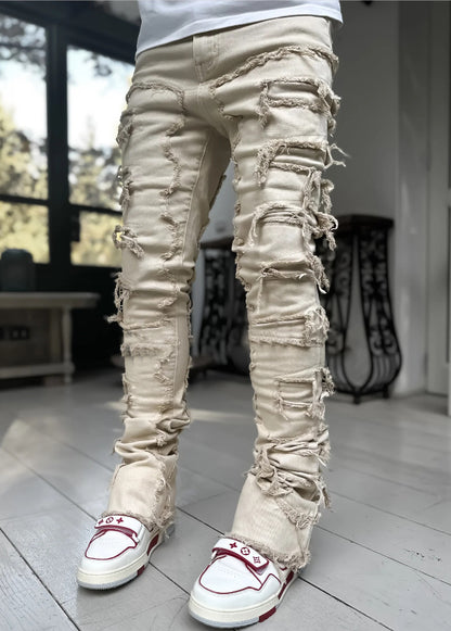 Men’s Stacked Jeans – Slim Fit Patched Denim Trousers