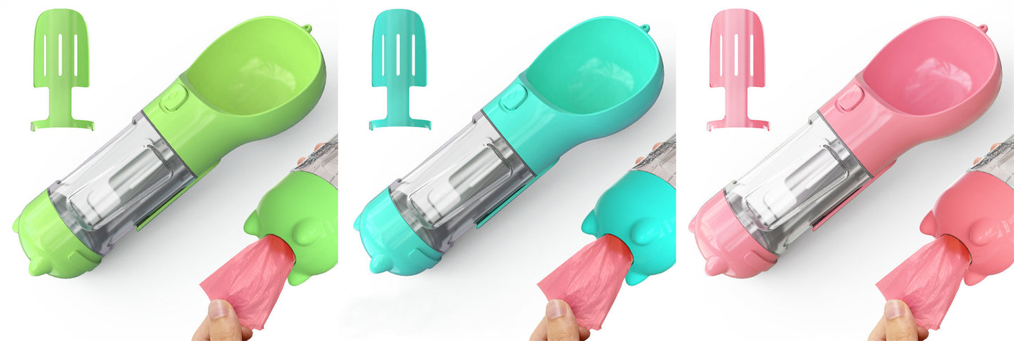 3-in-1 Dog & Cat Water Bottle – Portable Feeder, Bowl & Garbage Bag Dispenser for Travel